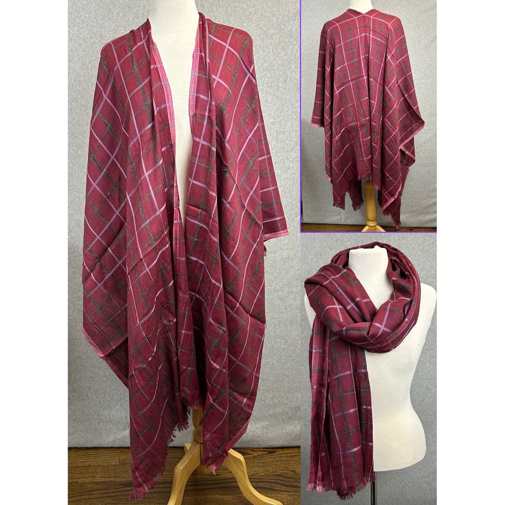 Asian Eye Wrap Scarf Drape Shawl Plaid Maroon Wine Red Wool Silk Linen Blend NEW